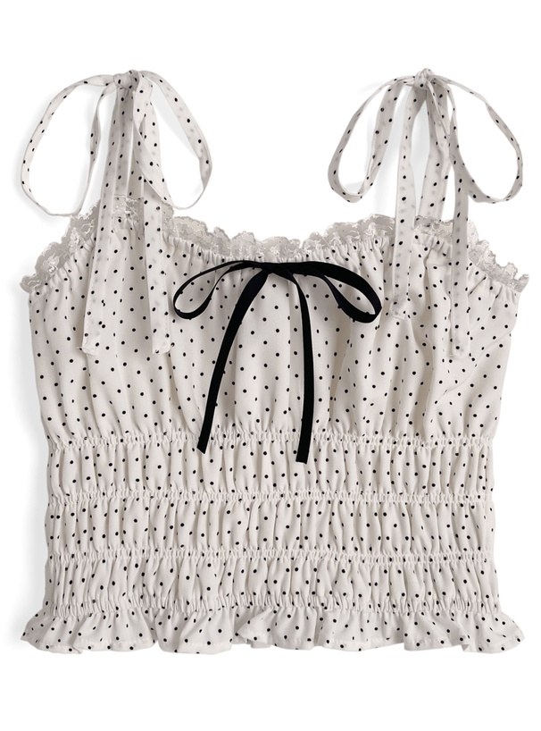 ドット柄ショルダーリボンシャーリングキャミソールトップス