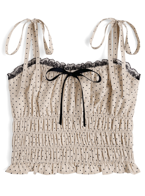ドット柄ショルダーリボンシャーリングキャミソールトップス