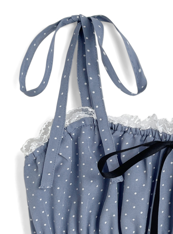 ドット柄ショルダーリボンシャーリングキャミソールトップス