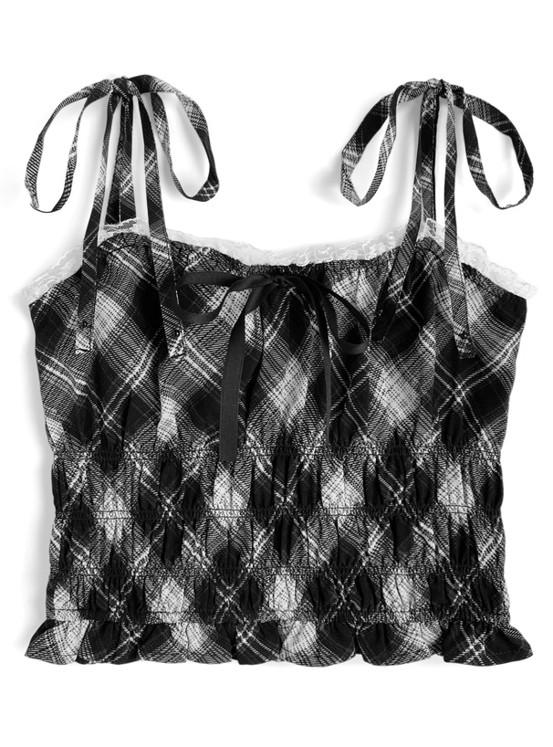 チェック柄ショルダーリボンシャーリングキャミソールトップス