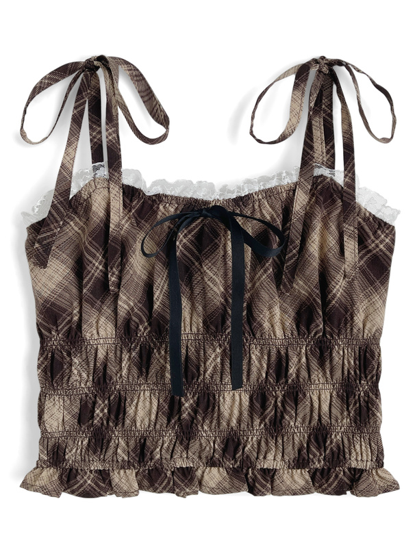 チェック柄ショルダーリボンシャーリングキャミソールトップス