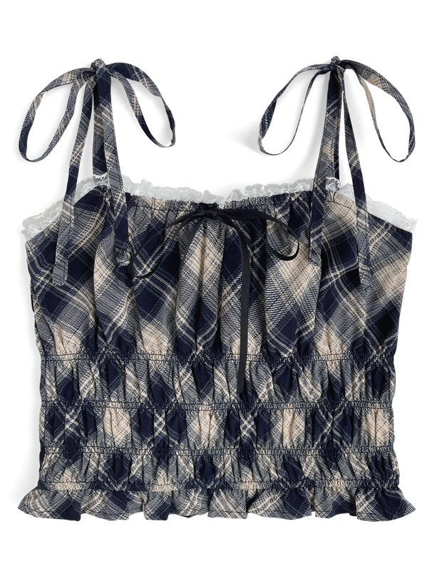 チェック柄ショルダーリボンシャーリングキャミソールトップス