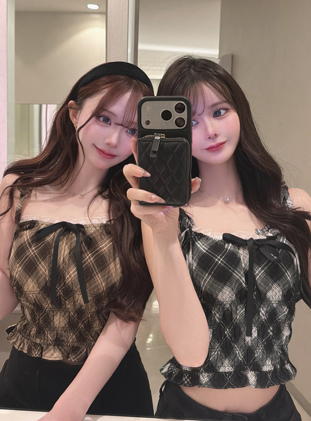 チェック柄ショルダーリボンシャーリングキャミソールトップス