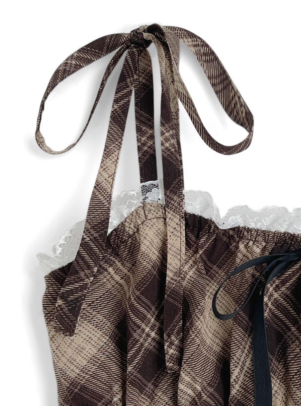 チェック柄ショルダーリボンシャーリングキャミソールトップス