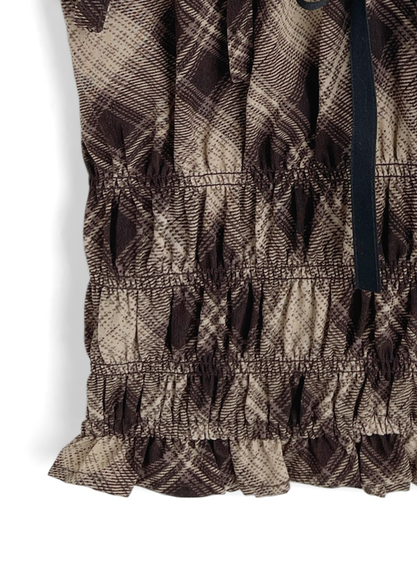 チェック柄ショルダーリボンシャーリングキャミソールトップス