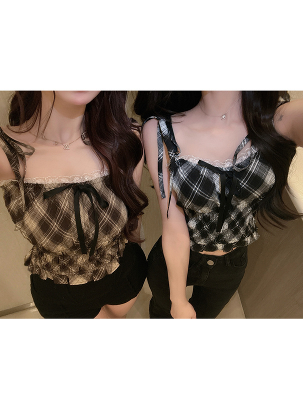 チェック柄ショルダーリボンシャーリングキャミソールトップス