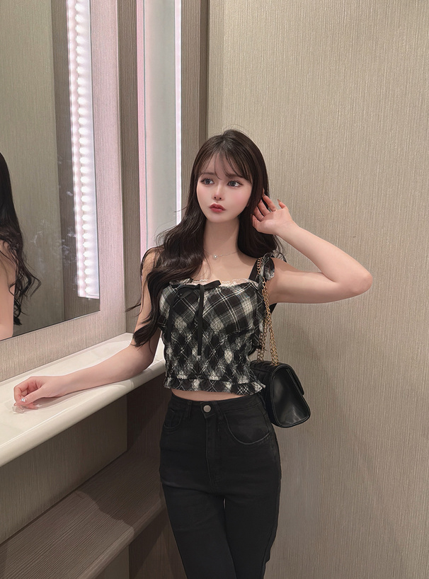 チェック柄ショルダーリボンシャーリングキャミソールトップス