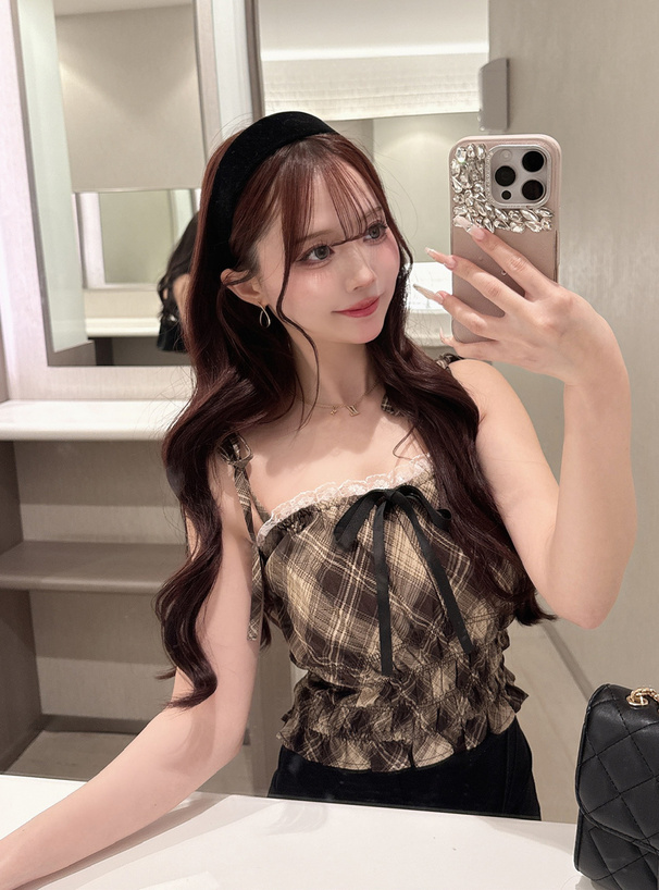 チェック柄ショルダーリボンシャーリングキャミソールトップス