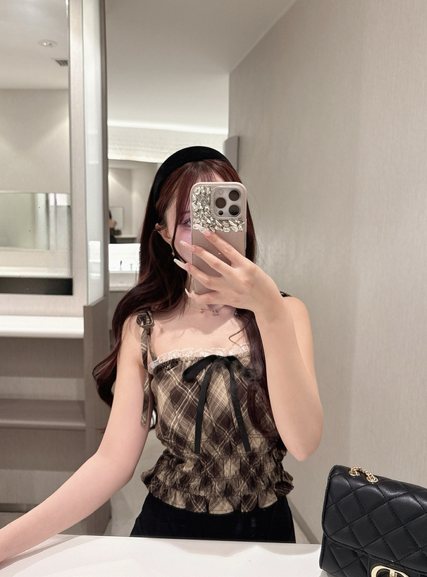 チェック柄ショルダーリボンシャーリングキャミソールトップス