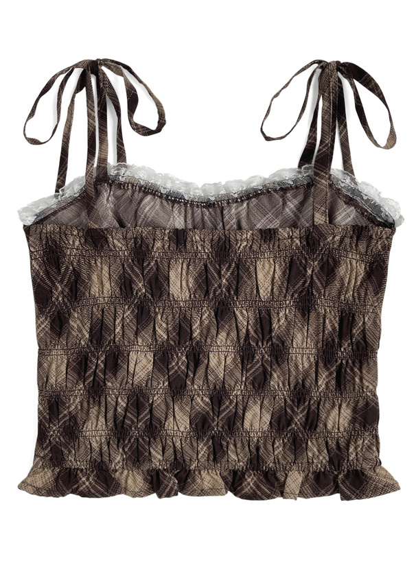 チェック柄ショルダーリボンシャーリングキャミソールトップス