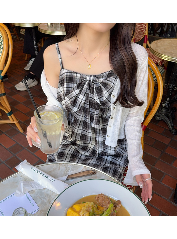 チェック柄ビッグリボンキャミソールワンピース