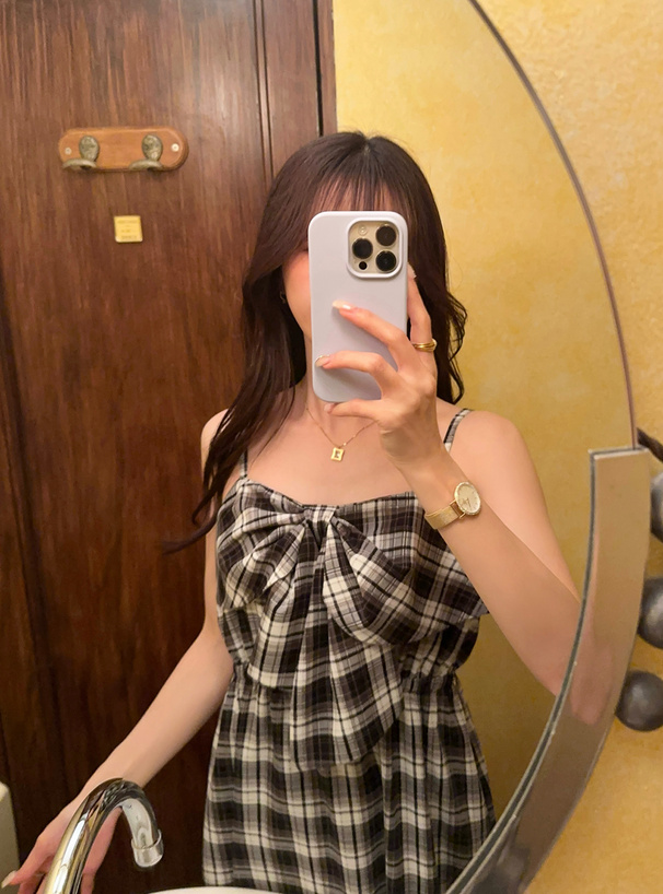 チェック柄ビッグリボンキャミソールワンピース