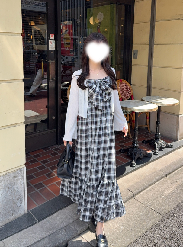 チェック柄ビッグリボンキャミソールワンピース