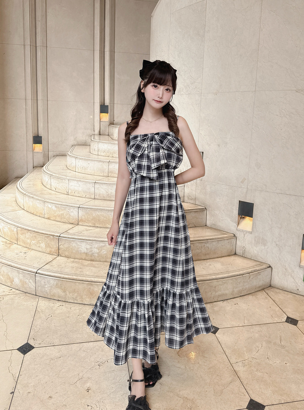 チェック柄ビッグリボンキャミソールワンピース
