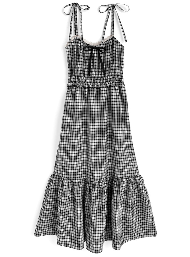 チェック柄ショルダーリボンシャーリングキャミソールワンピース