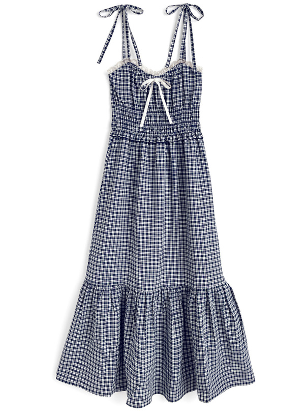 チェック柄ショルダーリボンシャーリングキャミソールワンピース