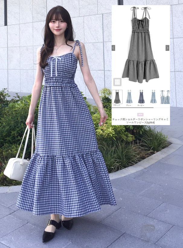 チェック柄ショルダーリボンシャーリングキャミソールワンピース[tg964