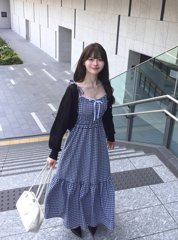 チェック柄ショルダーリボンシャーリングキャミソールワンピース[tg964