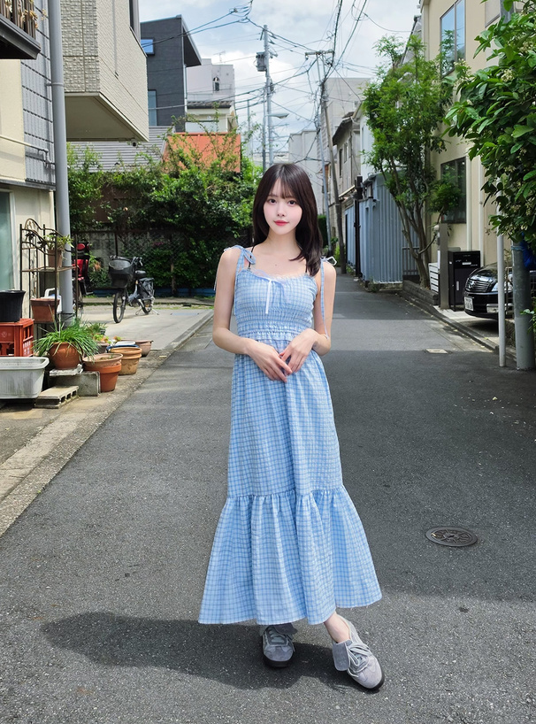 チェック柄ショルダーリボンシャーリングキャミソールワンピース[tg964