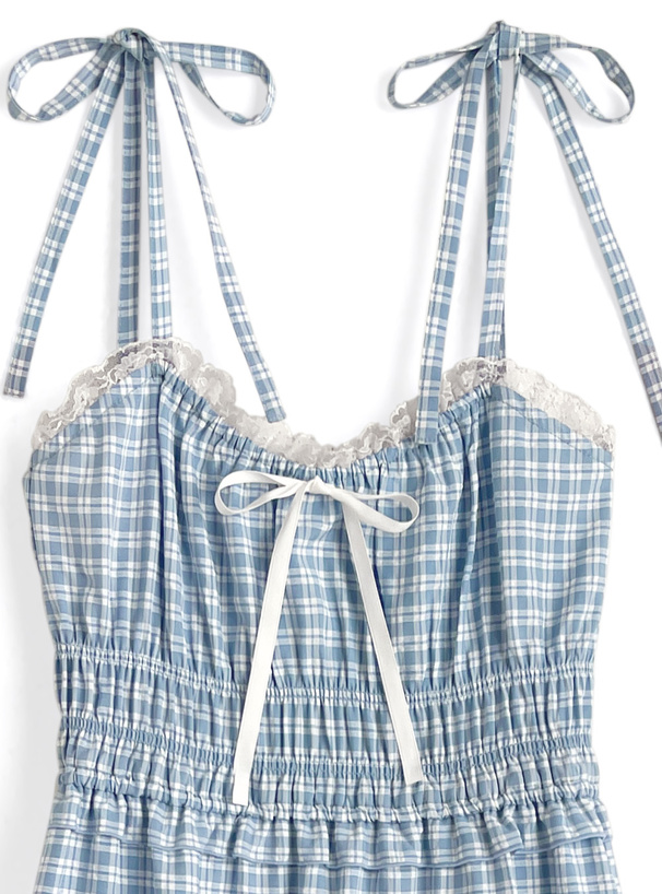 チェック柄ショルダーリボンシャーリングキャミソールワンピース