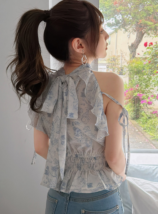 花柄シアーアメスリフリルリボントップス