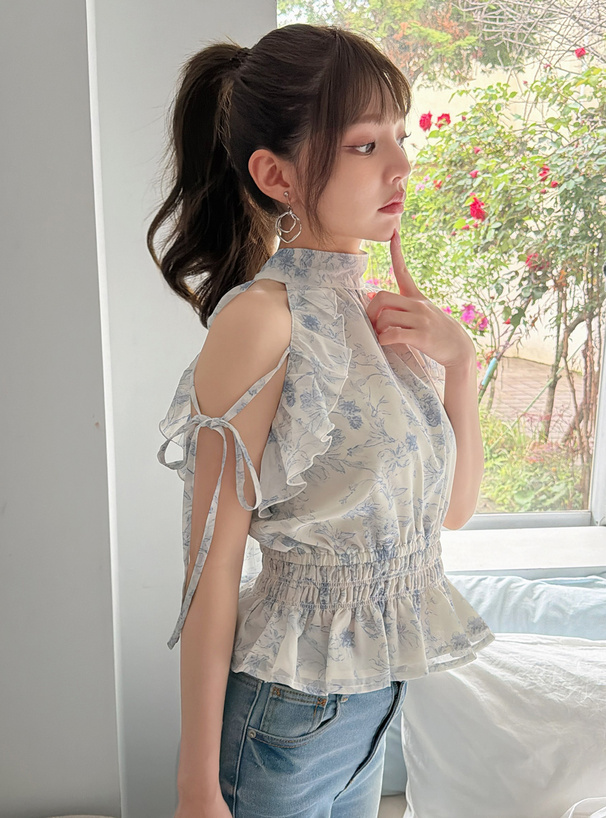 花柄シアーアメスリフリルリボントップス