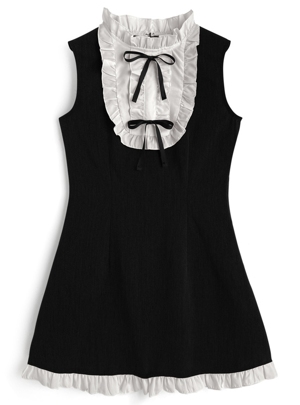 配色フリルリボンノースリーブミニワンピース