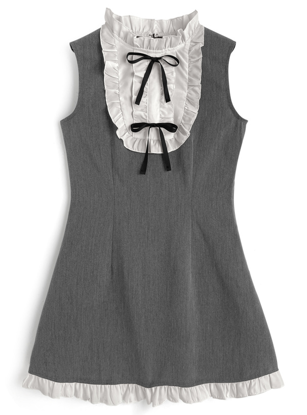 配色フリルリボンノースリーブミニワンピース