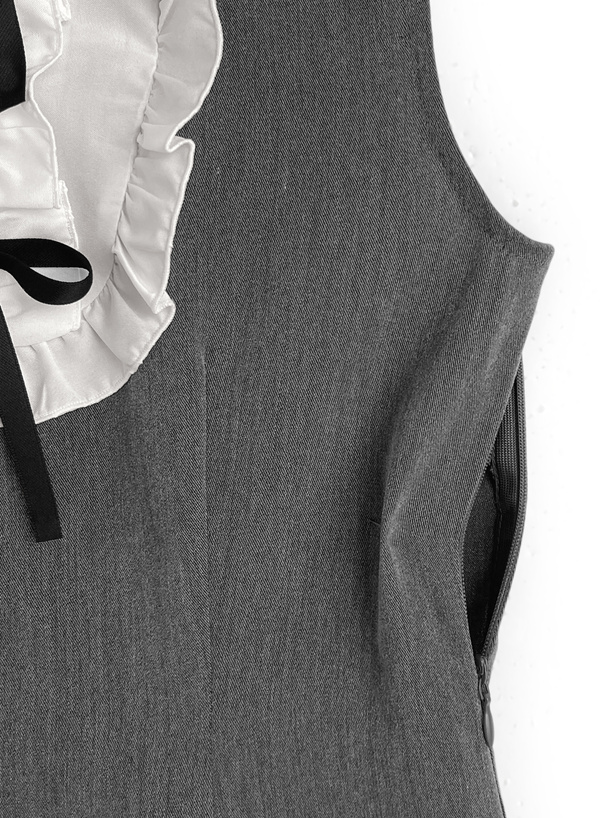 配色フリルリボンノースリーブミニワンピース