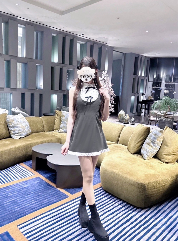 配色フリルリボンノースリーブミニワンピース