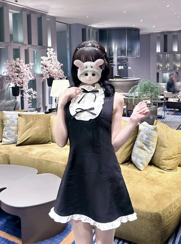 配色フリルリボンノースリーブミニワンピース