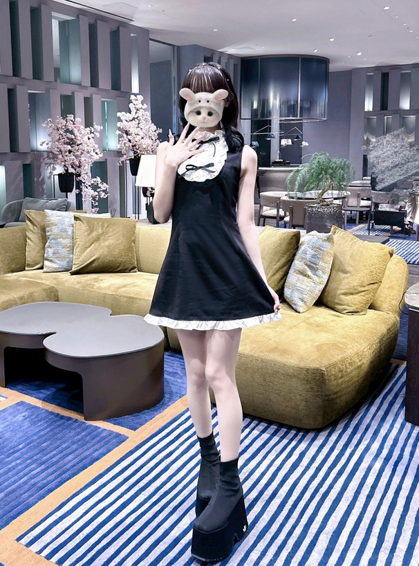 配色フリルリボンノースリーブミニワンピース