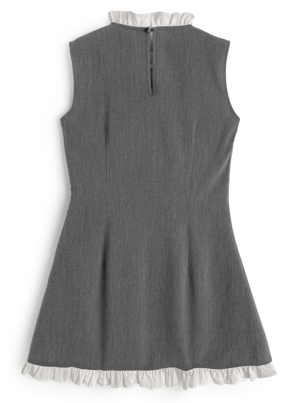 配色フリルリボンノースリーブミニワンピース