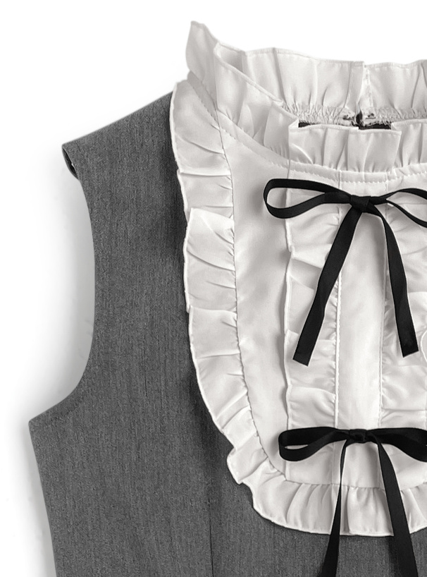 配色フリルリボンノースリーブミニワンピース