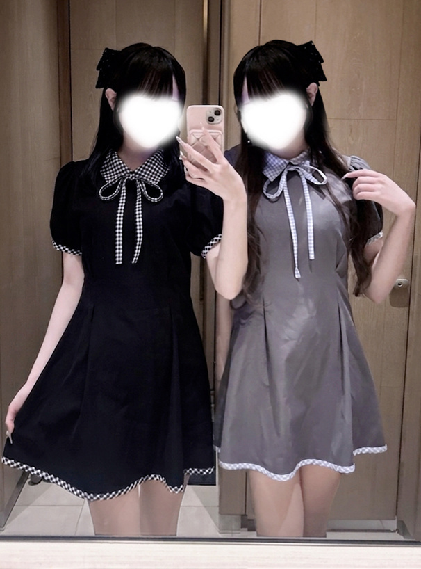 リボンタイ付きギンガムチェック柄ミニワンピース