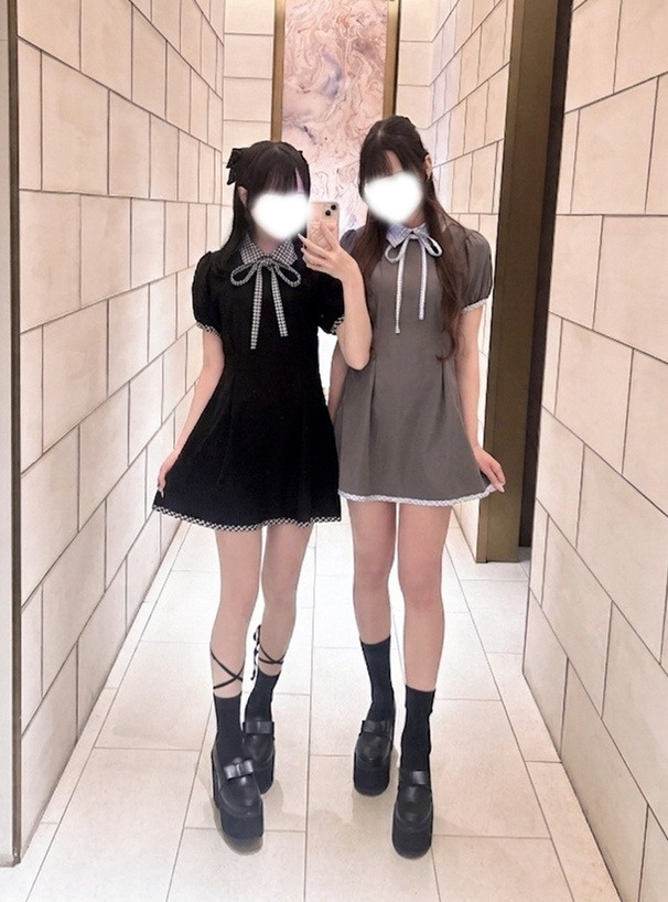 リボンタイ付きギンガムチェック柄ミニワンピース