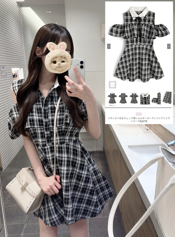 リボンタイ付きチェック柄ショルダーオープンフレアミニワンピース