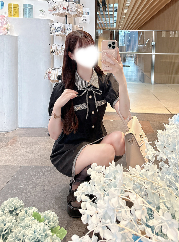 リボンタイ付き千鳥柄ミニワンピース