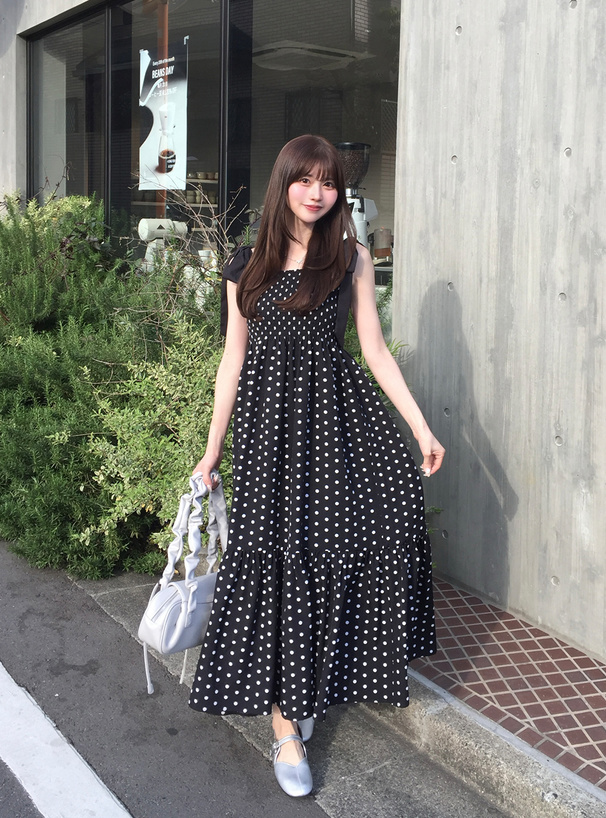 ドット柄ショルダーリボンワンピース