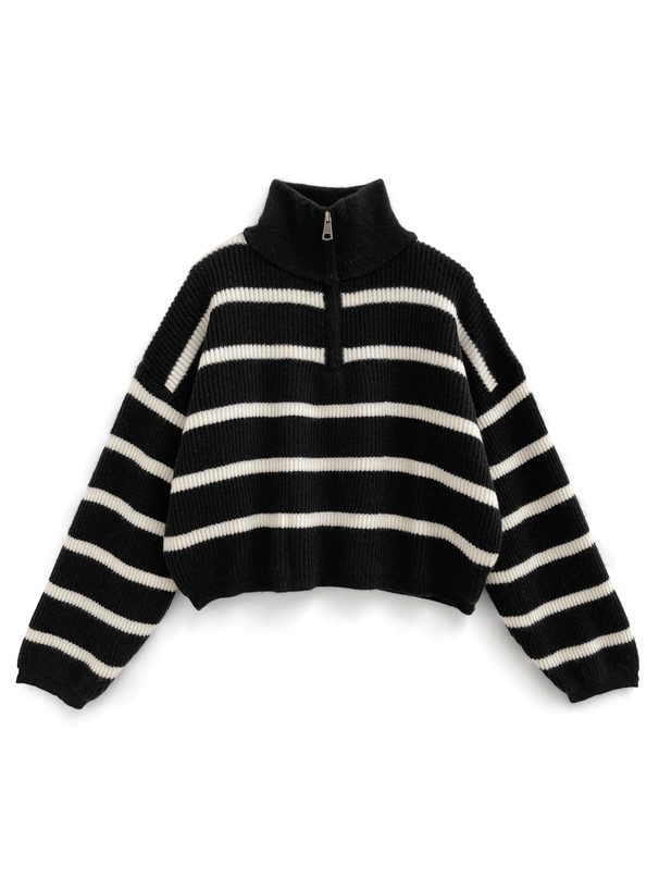 ボーダー柄ハーフジップニットトップス
