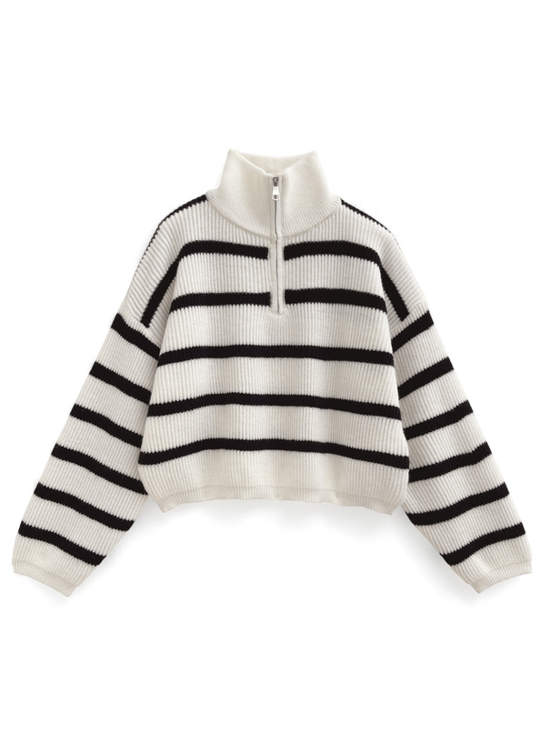 ボーダー柄ハーフジップニットトップス[th001] | レディース