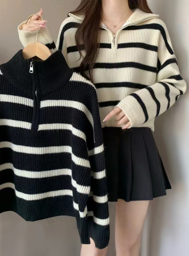 ボーダー柄ハーフジップニットトップス[th001] | レディース