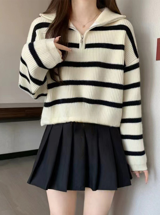 ボーダー柄ハーフジップニットトップス[th001] | レディース