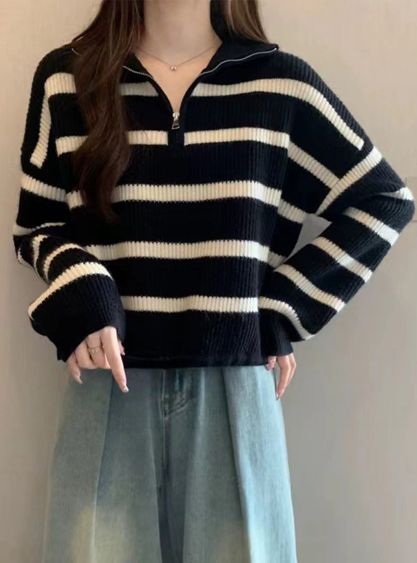 ボーダー柄ハーフジップニットトップス[th001] | レディース