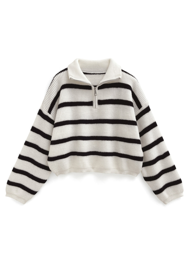 ボーダー柄ハーフジップニットトップス[th001] | レディース