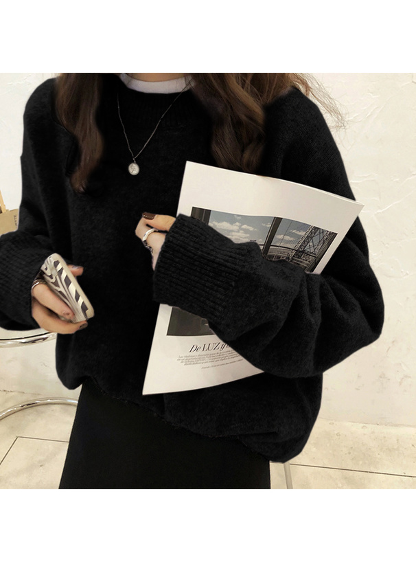 ラウンドネックオーバーニットトップス