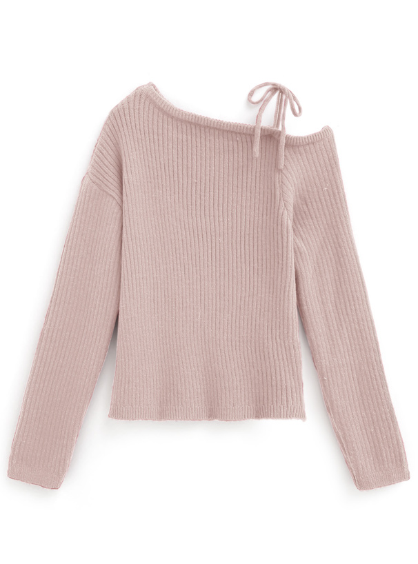 ワンショルダーリボンリブニットトップス