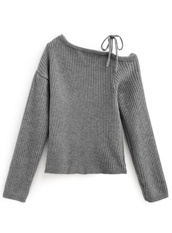 ワンショルダーリボンリブニットトップス