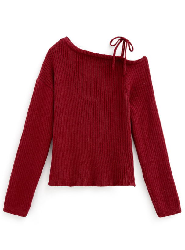 ワンショルダーリボンリブニットトップス