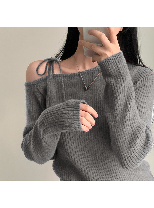 ワンショルダーリボンリブニットトップス